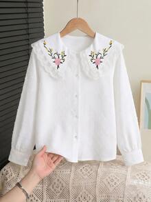 SHEIN Casuvi Kids 秋冬季少女上衣，蕾絲飾邊大領花卉刺繡提花波點長袖襯衫，甜美淑女風上衣 - 彩色 - 查看 1