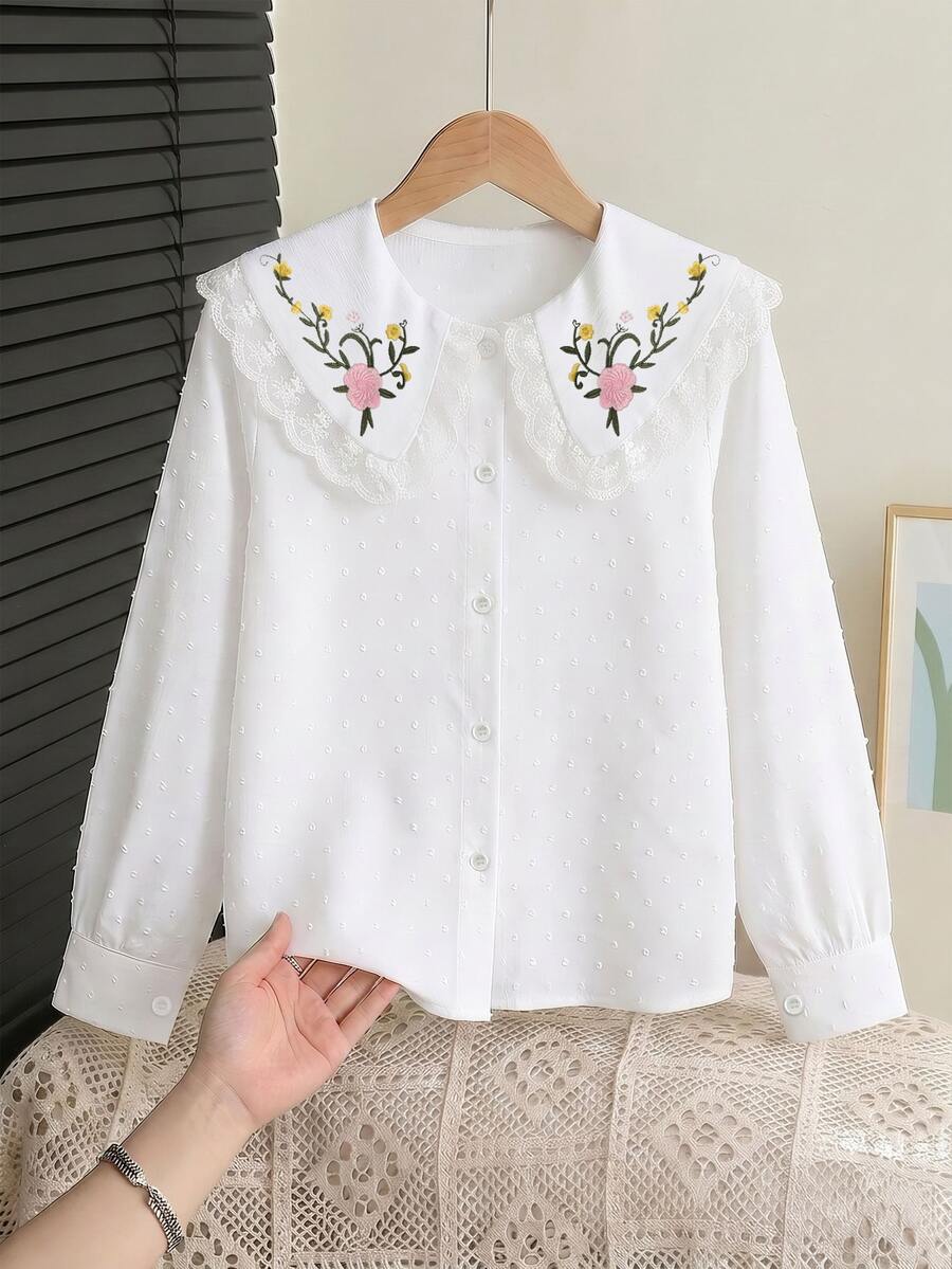 SHEIN Casuvi Kids 秋冬季少女上衣,蕾絲飾邊大領花卉刺繡提花波點長袖襯衫,甜美淑女風上衣 - 彩色 - 查看 1