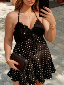 Cévolie Women's Plus Size Spring/Summer Elegant Sexy Woven Halter Neck Tie Cup Lace Black And White A-Line Ruffle Gathered Mini Dress Brunch Vacation - Black - View 3