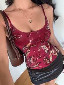 Aloruh Women's Sequin Floral Pattern Fitted Versatile Daily Wear Camisole Top - Burgundy - View 5