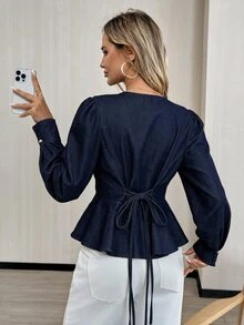 Easowa Women's Single-Breasted Casual Daily Denim Top - Blue - View 2