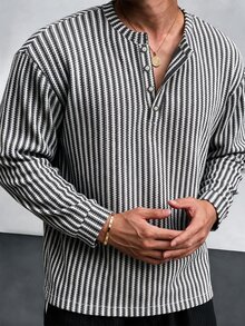 TONEVAULT Men Vertical Stripe Henley Neck Long Sleeve Shirt, Smart Casual Style, Spring Autumn, Daily Office Street Vacation, Loose Fit - Black and White - View 4