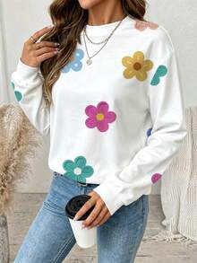 Comfylo Autumn New Plus Size Women's Loose Round Neck Sweatshirt - Colorful Floral Pattern, Long Sleeve, Casual Style Winter - Multicolor - View 5