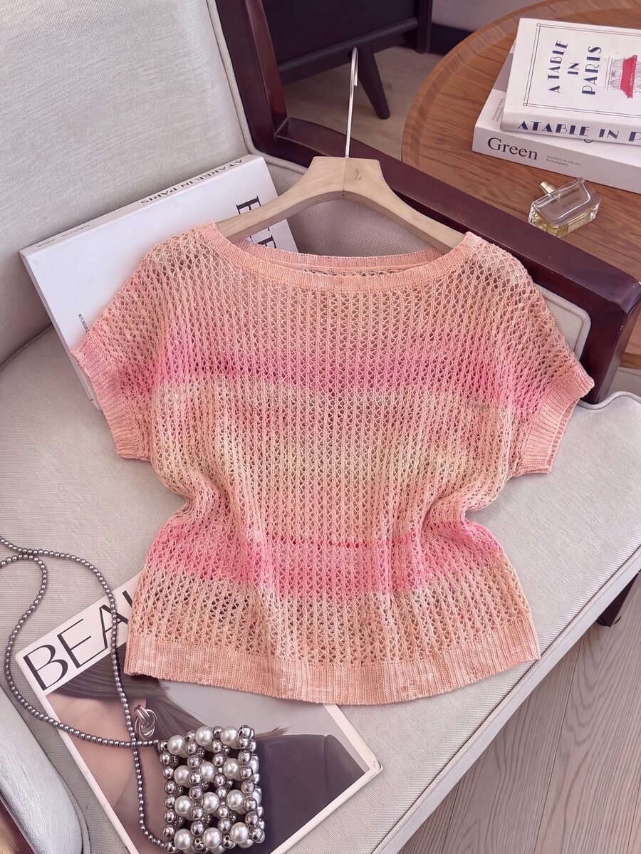 GlowEve Women's Gradient Color Round Neck Short Sleeve Casual Knit Top - Coral Pink - View 1