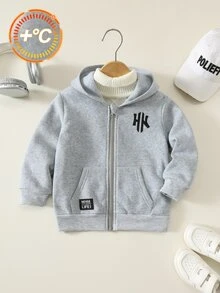 SHEIN 小男孩街頭風字母印花拉鍊連帽衛衣，休閒舒適，柔軟面料 - 淺灰色 - 查看 1