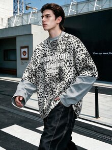 Manfinity Dauomo Men's Leopard Print Letter Graphic 2 In 1 Patchwork Casual Everyday T-Shirt - Grey - View 7