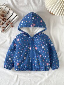 SHEIN 1件女嬰可愛甜美藍粉心形寶石印花毛絨內裡長袖連帽加厚冬季節日外套夾克 - 彩色 - 查看 4