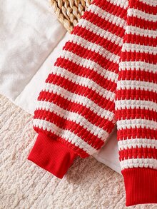 SHEIN Stickad avslappnad sweatshirt för ung flicka med rödrandigt jordbärmönster och rund hals - Multifärgad - Visa 4