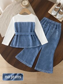 (Young Girl) 牛仔效果 2 件套，白色圓領長袖上衣搭配牛仔效果領口；搭配同款牛仔效果長褲。非常適合春秋季節，適應初秋涼意與春季出遊，理想用於日常上學、公園玩耍和聚會 - 藍色 - 查看 2