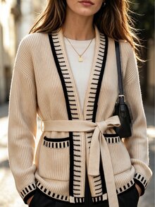 Balvessa Women's Loose Fit Drop Shoulder Long Sleeve Cardigan With Lapel, Single-Breasted Large Buttons, Patch Pocket Decor, Casual Commute - Multicolor - View 6