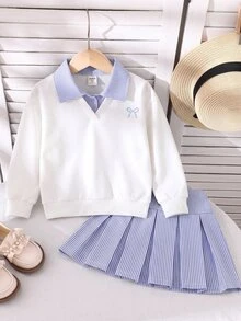 SHEIN Genkimix Kids 2件組女童長袖裙套裝，白色針織刺繡經典圓領長袖上衣搭配粉白條紋百褶裙，甜美可愛慵懶休閒運動學院風，適合戶外活動，休閒慵懶甜美簡約百搭日常舒適穿著 - 白色 - 查看 3