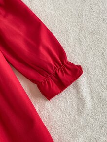 SHEIN 1件女嬰長袖洋裝，甜美紅白色櫻桃刺繡飾邊，荷葉邊袖口，彼得潘領，適合假日派對、秋季婚禮賓客，A字版型 - 紅色 - 查看 7