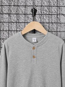 SHEIN Kaos Polo Lengan Panjang Warna Polos untuk Anak Laki-Laki Remaja (Tween Boys) dengan Kerah Setengah - Grey - View 3