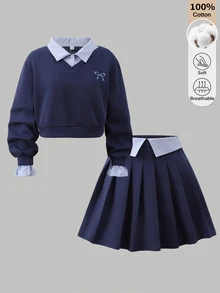 SHEIN 青少年女孩秋冬學院風兩件套，基本款海軍藍領口運動衫搭配條紋襯衫拼接設計與海軍藍針織裙，時尚甜美休閒穿搭，適合上學、外出與玩樂 - 藏蓝色 - 查看 3