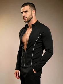 ZURIURI Men's Fashion Striped Colorblock Zip-Up Long Sleeve Jacket - Multicolor - View 6