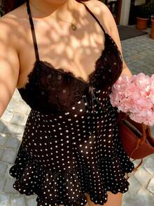 Cévolie Women's Plus Size Spring/Summer Elegant Sexy Woven Halter Neck Tie Cup Lace Black And White A-Line Ruffle Gathered Mini Dress Brunch Vacation - Black - View 1