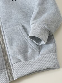 SHEIN 小男孩街頭風字母印花拉鍊連帽衛衣，休閒舒適，柔軟面料 - 淺灰色 - 查看 5