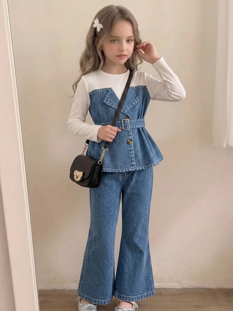 (Young Girl) 牛仔效果 2 件套,白色圓領長袖上衣搭配牛仔效果領口;搭配同款牛仔效果長褲。非常適合春秋季節,適應初秋涼意與春季出遊,理想用於日常上學、公園玩耍和聚會 - 藍色 - 查看 1