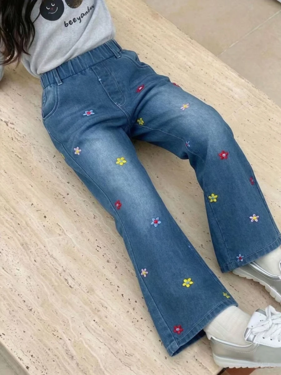 SHEIN 女款 Y2K 風格彈性喇叭腿牛仔褲,做舊破邊復古丹寧工藝,時尚百搭,適合四季穿著 - 藍色 - 查看 1