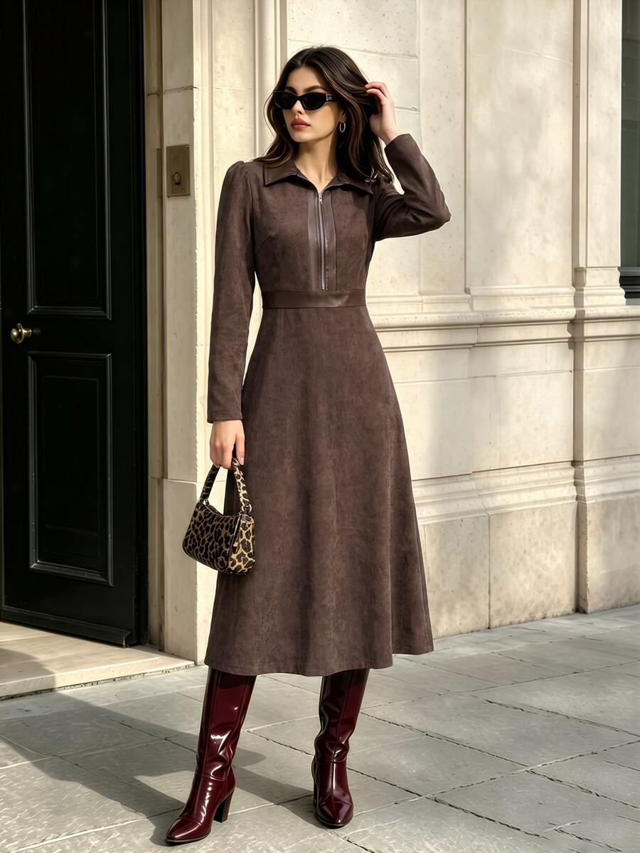 SHEIN Essnce فستان نسائي موضة بتصميم رقعات وسحاب بطول متوسط