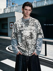 Manfinity Dauomo Men's Leopard Print Letter Graphic 2 In 1 Patchwork Casual Everyday T-Shirt - Grey - View 1