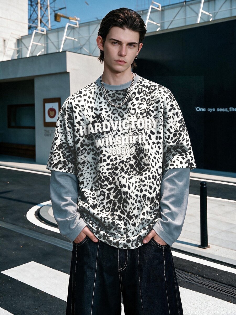 Manfinity Dauomo Men's Leopard Print Letter Graphic 2 In 1 Patchwork Casual Everyday T-Shirt - Grey - View 1
