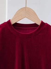 SHEIN 女童天鵝絨珍珠裝飾不規則上衣與喇叭褲兩件套，優雅長袖休閒裝 - 紅色 - 查看 7