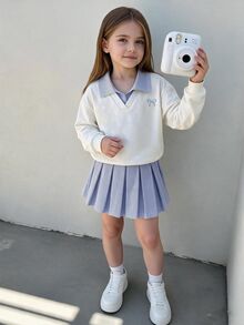 SHEIN Genkimix Kids 2件組女童長袖裙套裝，白色針織刺繡經典圓領長袖上衣搭配粉白條紋百褶裙，甜美可愛慵懶休閒運動學院風，適合戶外活動，休閒慵懶甜美簡約百搭日常舒適穿著 - 白色 - 查看 4