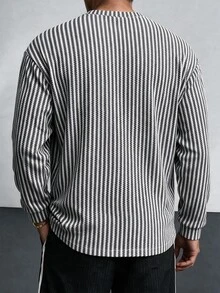TONEVAULT Men Vertical Stripe Henley Neck Long Sleeve Shirt, Smart Casual Style, Spring Autumn, Daily Office Street Vacation, Loose Fit - Black and White - View 2