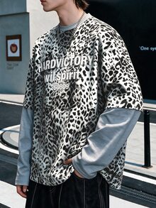 Manfinity Dauomo Men's Leopard Print Letter Graphic 2 In 1 Patchwork Casual Everyday T-Shirt - Grey - View 6