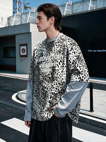 Manfinity Dauomo Men's Leopard Print Letter Graphic 2 In 1 Patchwork Casual Everyday T-Shirt - Grey - View 4