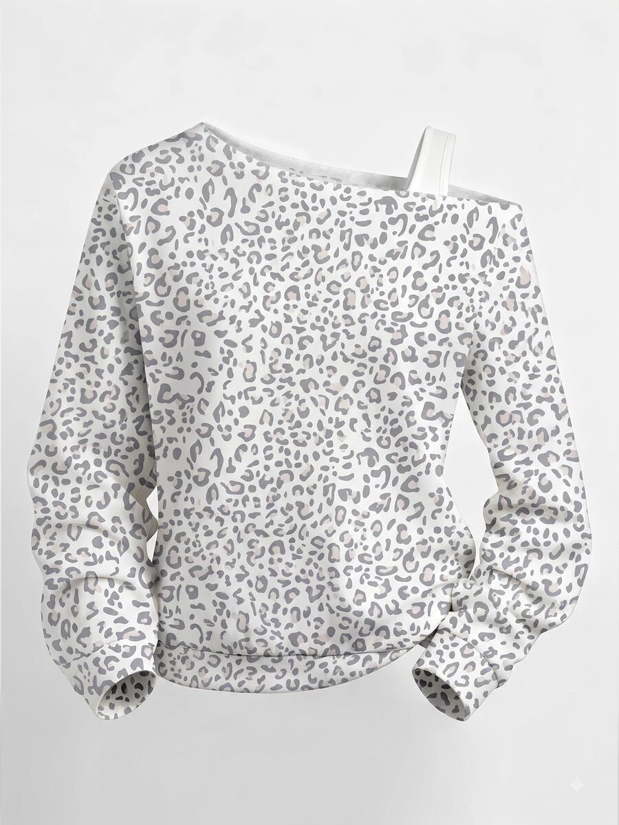 Girls' All-Over Leopard Print Sweatshirt, Cool Y2K Asymmetrical Shoulder Pullover Top, Versatile Top Autumn Winter - Multicolor - View 1