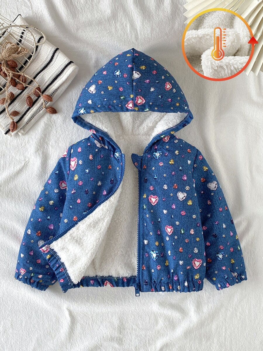 SHEIN 1件女嬰可愛甜美藍粉心形寶石印花毛絨內裡長袖連帽加厚冬季節日外套夾克
