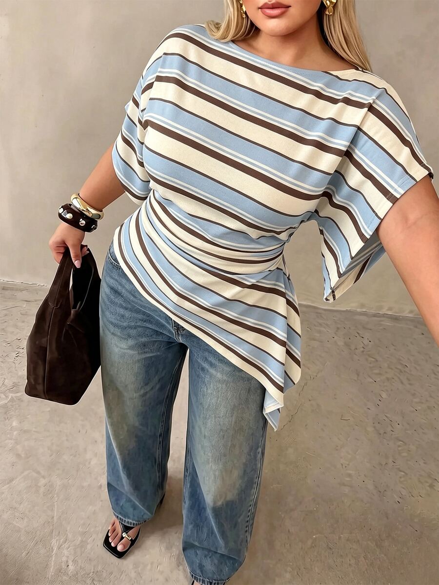 Auralis Plus Size Women's Solid Color Batwing Striped Pattern Short Sleeve Ruched Asymmetrical Hem Fashion T-Shirt - Suitable For Casual, Daily And Office Wear - Multicolor - View 1
