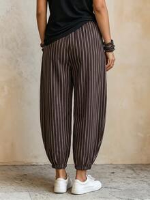 SHEIN Women's French Vintage Brown Vertical Striped Casual Lantern Pants With Drawstring Decor, Elastic Waist, Slimming, Daily Commute Long Pants - Coffee Brown - View 2