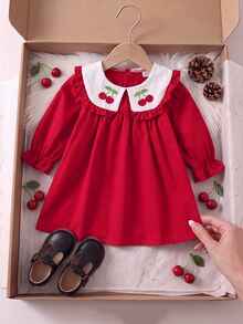 SHEIN 1件女嬰長袖洋裝，甜美紅白色櫻桃刺繡飾邊，荷葉邊袖口，彼得潘領，適合假日派對、秋季婚禮賓客，A字版型 - 紅色 - 查看 1