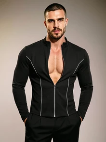 ZURIURI Men's Fashion Striped Colorblock Zip-Up Long Sleeve Jacket - Multicolor - View 5