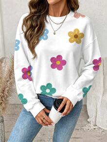 Comfylo Autumn New Plus Size Women's Loose Round Neck Sweatshirt - Colorful Floral Pattern, Long Sleeve, Casual Style Winter - Multicolor - View 4