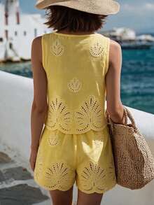 RIVANDRE Women's Fashion Elegant Hollow Square Neck Tank Top And Drawstring Waist Shorts Casual Vacation Set - Light Yellow - View 2