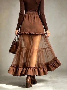 Trelyra Women's Fashion Elegant Mesh Ruffle Hem Skirt - Coffee Brown - View 2