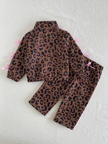 SHEIN 女嬰夾克套裝 蝴蝶結上衣 蝴蝶圖案 粉色褲子 日常戶外穿著 卡其色與炭灰色印花外套 鋪棉夾克 - 彩色 - 查看 3