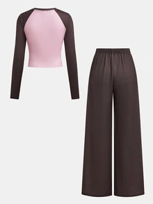 SHEIN 青少年女孩秋/冬大學街頭風對色織帶拼接長袖T恤與寬腿直筒運動長褲套裝，適合日常休閒校園穿著 - 咖啡棕 - 查看 2