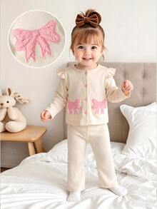 Baby Girls Fall Tops Light Pink Pastel Plush Bow Knot Long Sleeve Pullover Cardigan Pants Set Thick Fleece Autumn Winter Clothes Family Matching Cute - Apricot - View 5