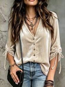 Linhara CURVE Women's Plus Size Champagne Solid Color Velvet V-Neck Button-Down Cardigan, Drawstring Tie 3/4 Sleeve Loose Fit Slimming Top, Casual Outdoor Top For Autumn/Winter - Apricot - View 1