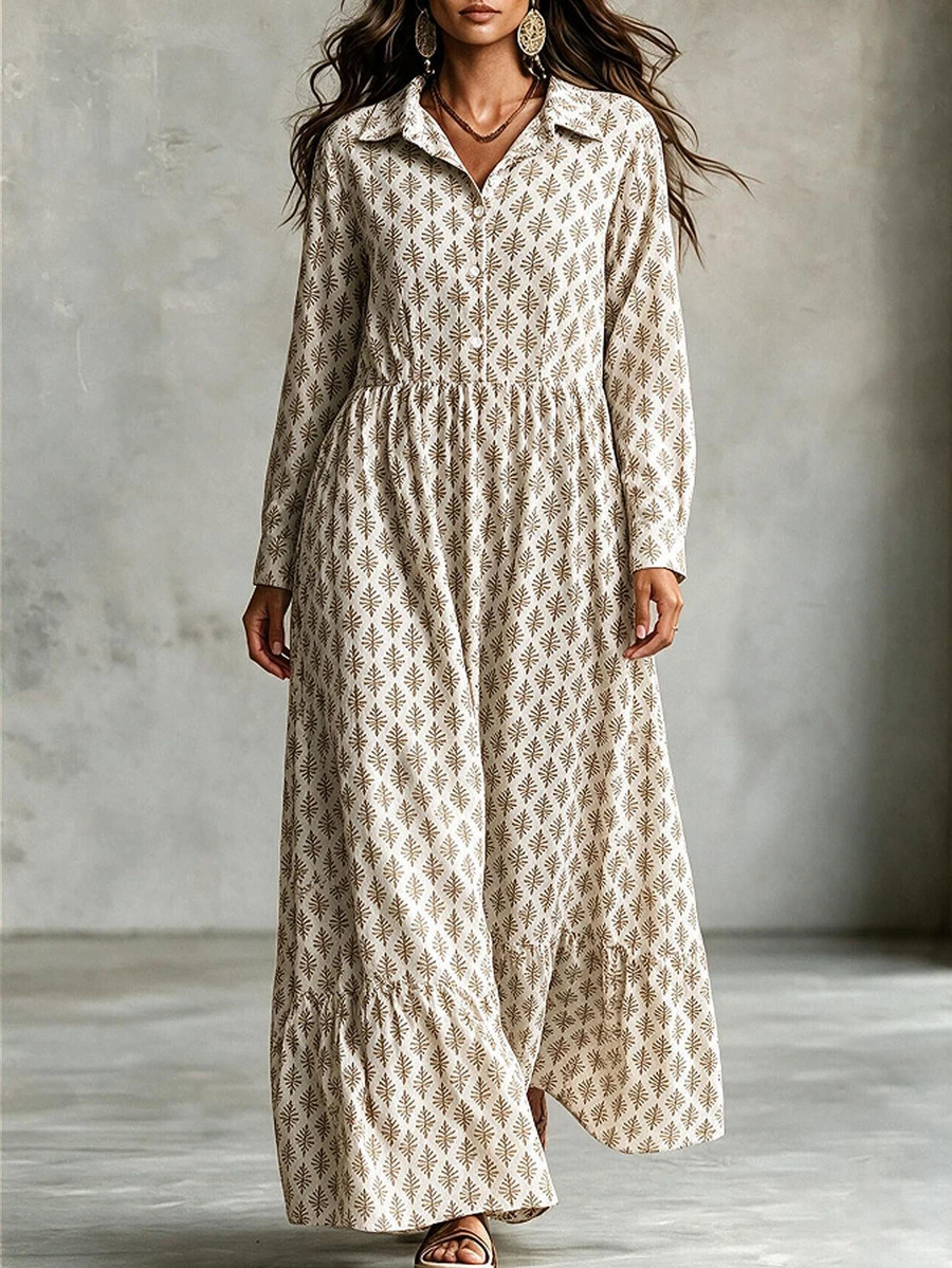 SHEIN LUNE Plus Size Solid Color Button Front Mid-Length Pleated Casual Long Sleeve Shirt Dress With Floral Print - Multicolor - View 1