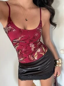 Aloruh Women's Sequin Floral Pattern Fitted Versatile Daily Wear Camisole Top - Burgundy - View 3