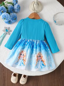 SHEIN 女嬰可愛花卉公主風秋季度假洋裝，日常穿著洋裝 - 藍色 - 查看 2