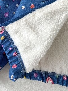 SHEIN 1件女嬰可愛甜美藍粉心形寶石印花毛絨內裡長袖連帽加厚冬季節日外套夾克 - 彩色 - 查看 8