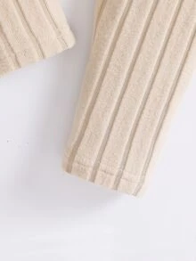 Young Girls Cute Black Bow Detail Ribbed Hoodie & Pants Set, Comfortable Knit 2Pcs Co‑Ord For Daily - Apricot - View 11