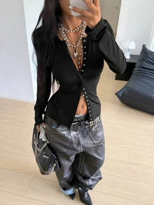 SHEIN HypeZone 女款秋季新款復古修身顯瘦休閒百搭時尚高級黑色夾克 - 黑色 - 查看 7